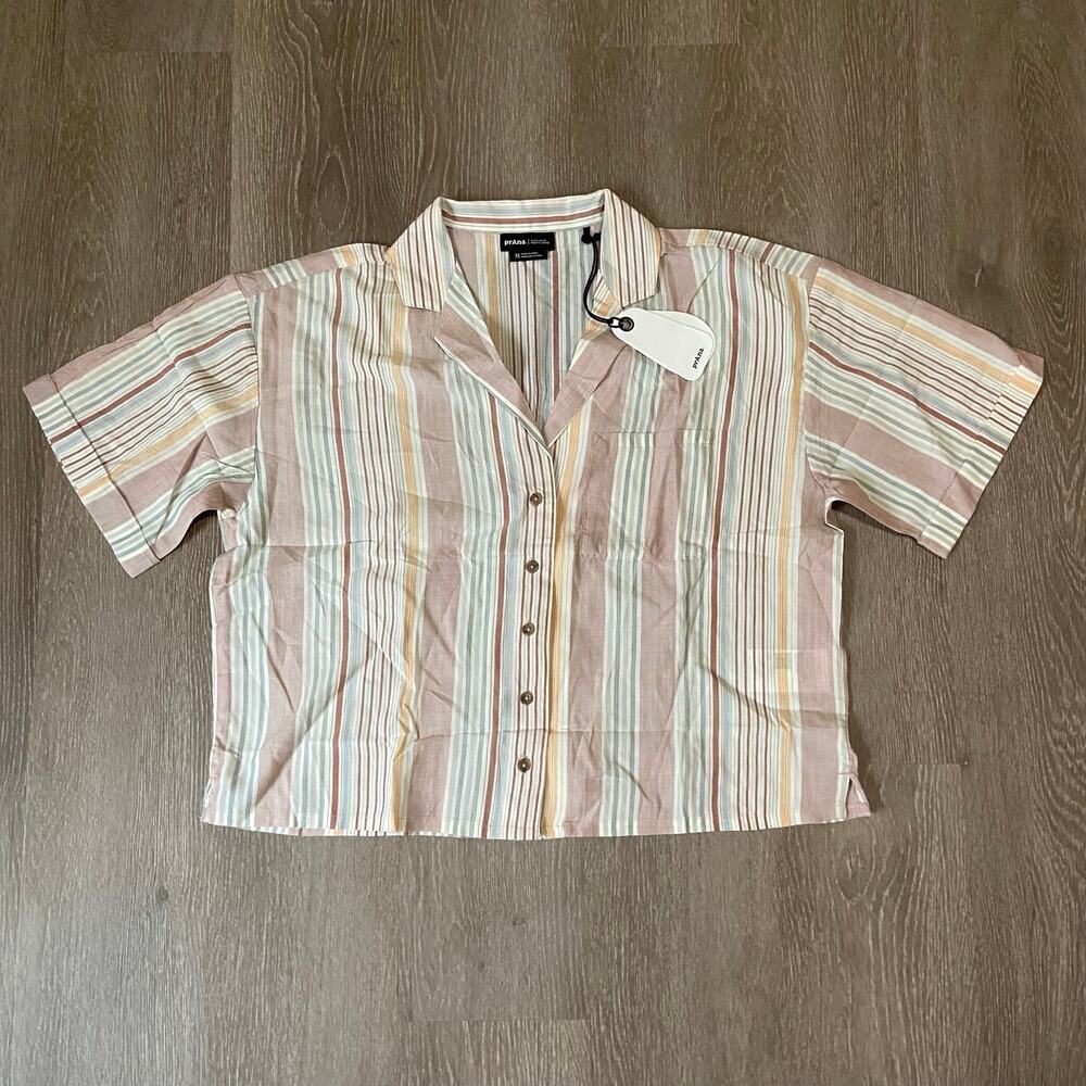 Prana Iguala Top Womens M Clay Stripe Relaxed Fit Button Up Cropped Short Sleeve